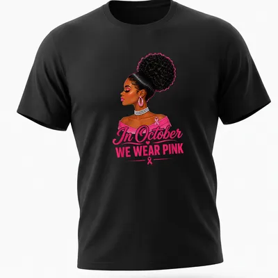 Vibrant illustration of an Afro woman with text 'In October WE WEAR PINK'