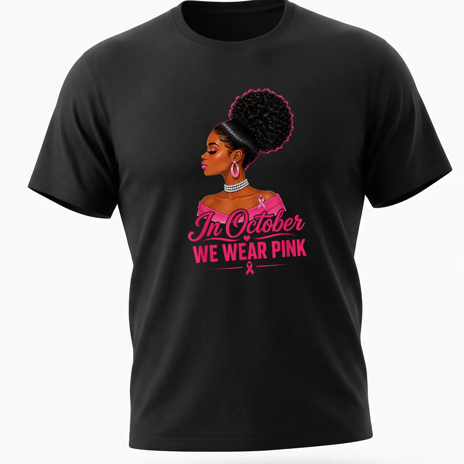 Vibrant illustration of an Afro woman with text 'In October WE WEAR PINK' — printed on a unisex t-shirt