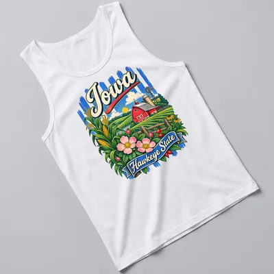 Retro design of a red barn with prairie flowers and Iowa Hawkeye State text — printed on a tank top