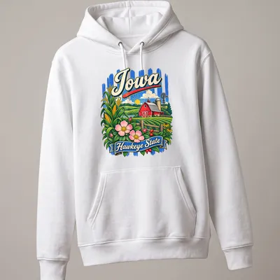 Retro design of a red barn with prairie flowers and Iowa Hawkeye State text — printed on a unisex hoodie