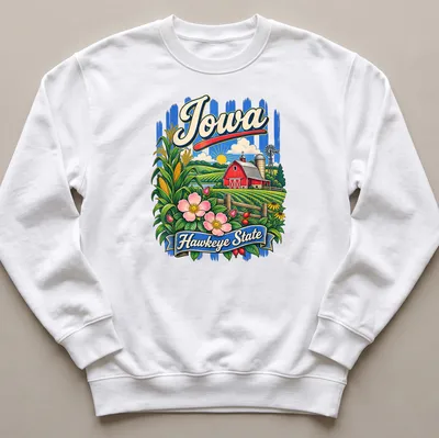 Retro design of a red barn with prairie flowers and Iowa Hawkeye State text — printed on a unisex sweatshirt