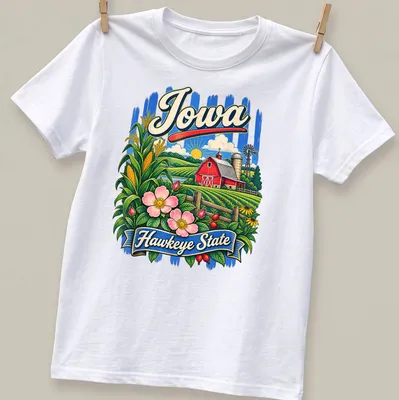Retro design of a red barn with prairie flowers and Iowa Hawkeye State text