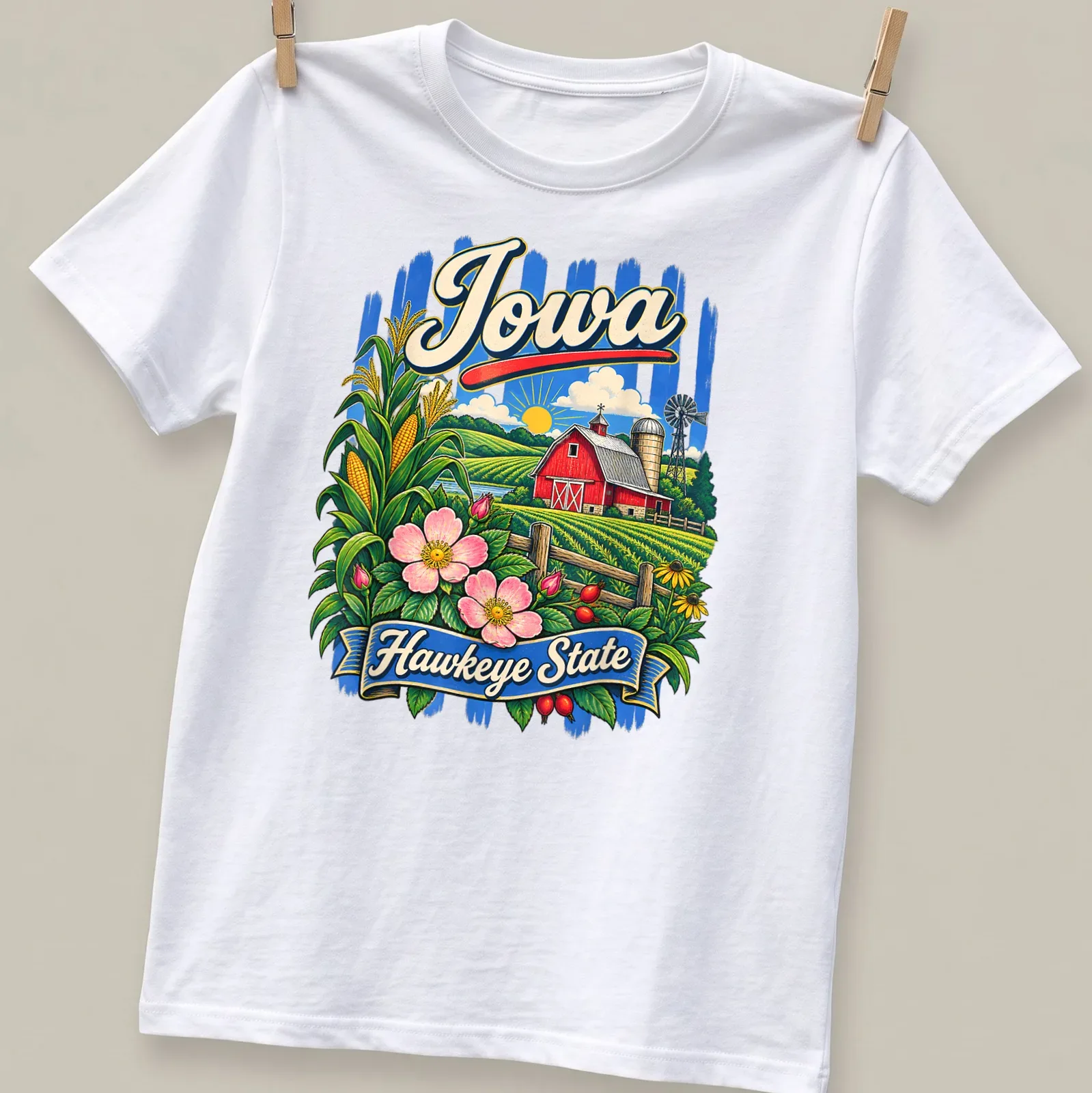 Retro design of a red barn with prairie flowers and Iowa Hawkeye State text — printed on a unisex t-shirt
