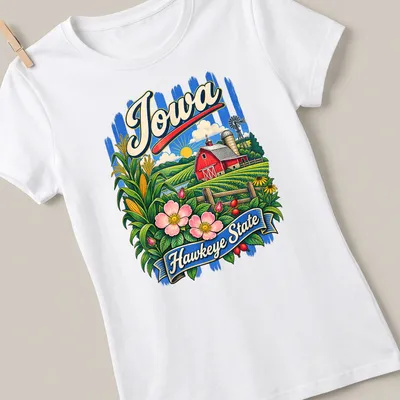 Retro design of a red barn with prairie flowers and Iowa Hawkeye State text — printed on a women's shirt
