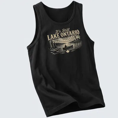 Vintage style t-shirt featuring Lake Ontario canoeing design in black, cream, and green — printed on a tank top