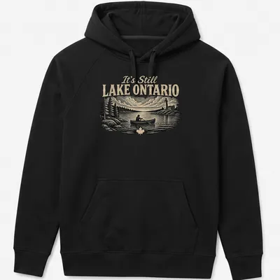 Vintage style t-shirt featuring Lake Ontario canoeing design in black, cream, and green — printed on a unisex hoodie