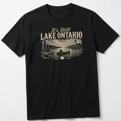 Vintage style t-shirt featuring Lake Ontario canoeing design in black, cream, and green