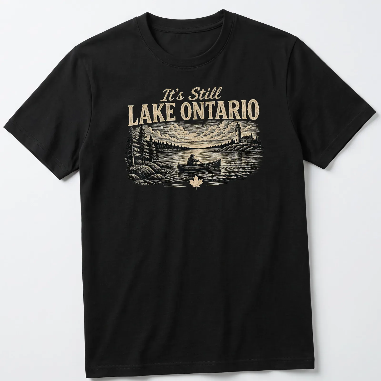 Vintage style t-shirt featuring Lake Ontario canoeing design in black, cream, and green — printed on a unisex t-shirt