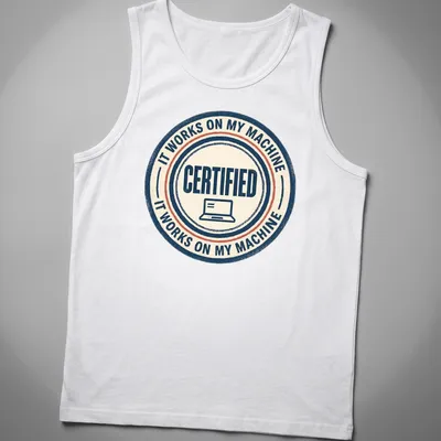 Retro distressed IT WORKS ON MY MACHINE laptop seal — printed on a tank top
