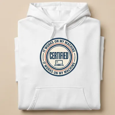 Retro distressed IT WORKS ON MY MACHINE laptop seal — printed on a unisex hoodie