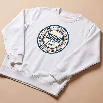 Retro distressed IT WORKS ON MY MACHINE laptop seal — printed on a unisex sweatshirt