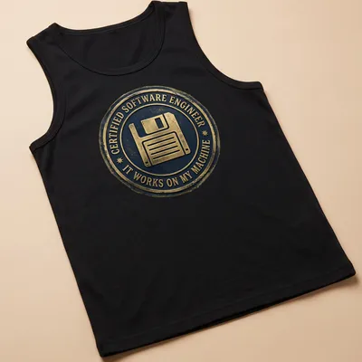 Vintage badge design featuring a floppy disk and humorous programming text. — printed on a tank top