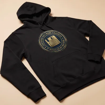 Vintage badge design featuring a floppy disk and humorous programming text. — printed on a unisex hoodie