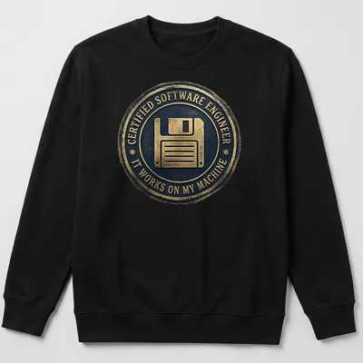 Vintage badge design featuring a floppy disk and humorous programming text. — printed on a unisex sweatshirt