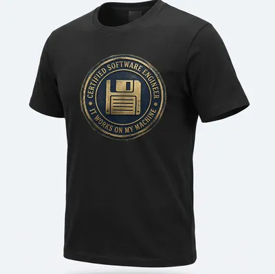 Vintage badge design featuring a floppy disk and humorous programming text. — printed on a unisex t-shirt