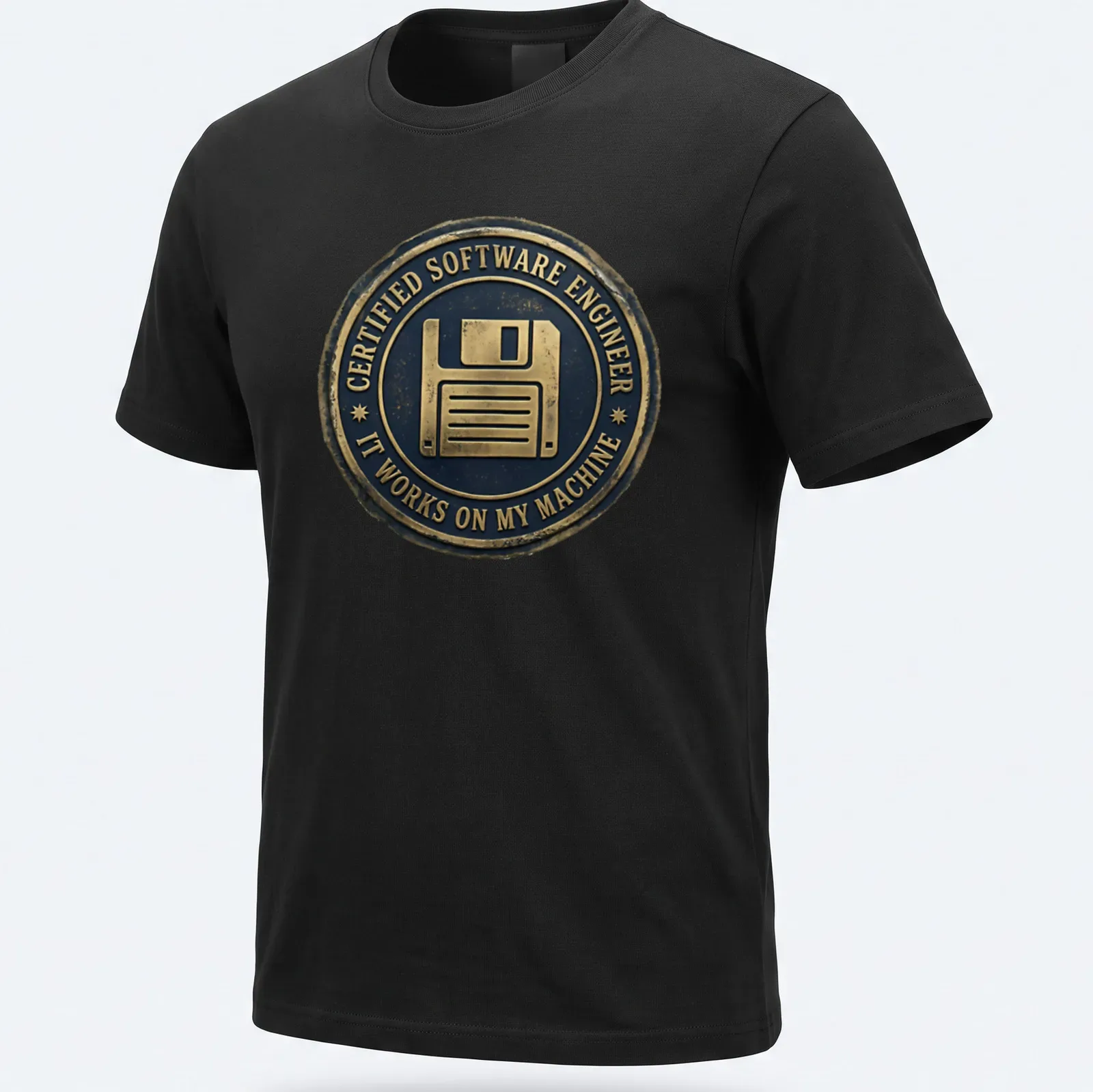 Vintage badge design featuring a floppy disk and humorous programming text. — printed on a unisex t-shirt