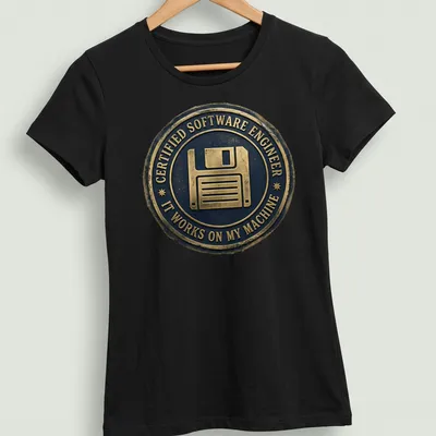 Vintage badge design featuring a floppy disk and humorous programming text. — printed on a women's shirt