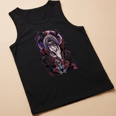 Itachi Uchiha anime character illustration in black, red, purple, and white — printed on a tank top