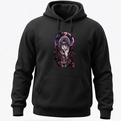 Itachi Uchiha anime character illustration in black, red, purple, and white — printed on a unisex hoodie