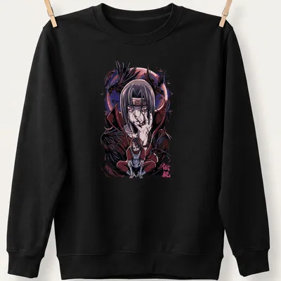 Itachi Uchiha anime character illustration in black, red, purple, and white — printed on a unisex sweatshirt