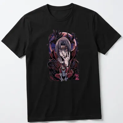 Itachi Uchiha anime character illustration in black, red, purple, and white