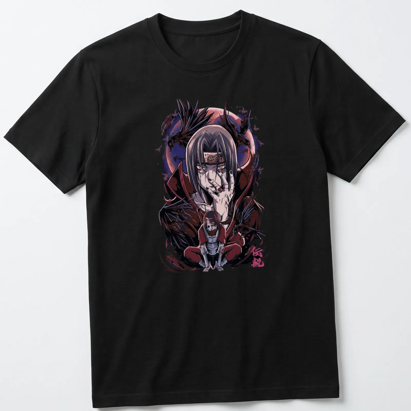 Itachi Uchiha anime character illustration in black, red, purple, and white — printed on a unisex t-shirt
