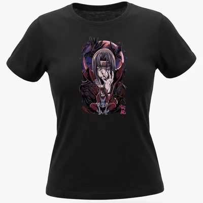Itachi Uchiha anime character illustration in black, red, purple, and white — printed on a women's shirt