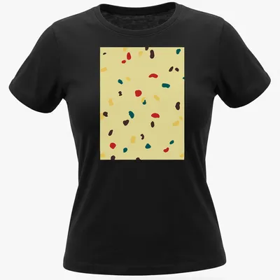 Abstract pattern of Italian panettone fruitcake slices in vibrant colors — printed on a women's shirt