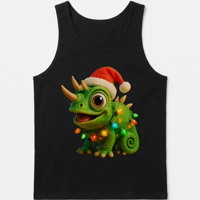 Cartoon Jackson's chameleon surrounded by colorful Christmas lights — printed on a tank top