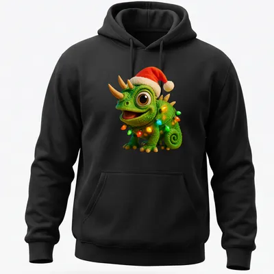 Cartoon Jackson's chameleon surrounded by colorful Christmas lights — printed on a unisex hoodie