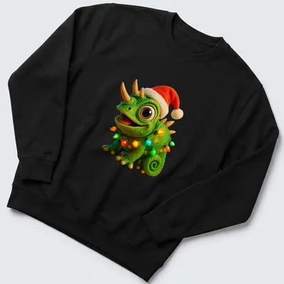 Cartoon Jackson's chameleon surrounded by colorful Christmas lights — printed on a unisex sweatshirt