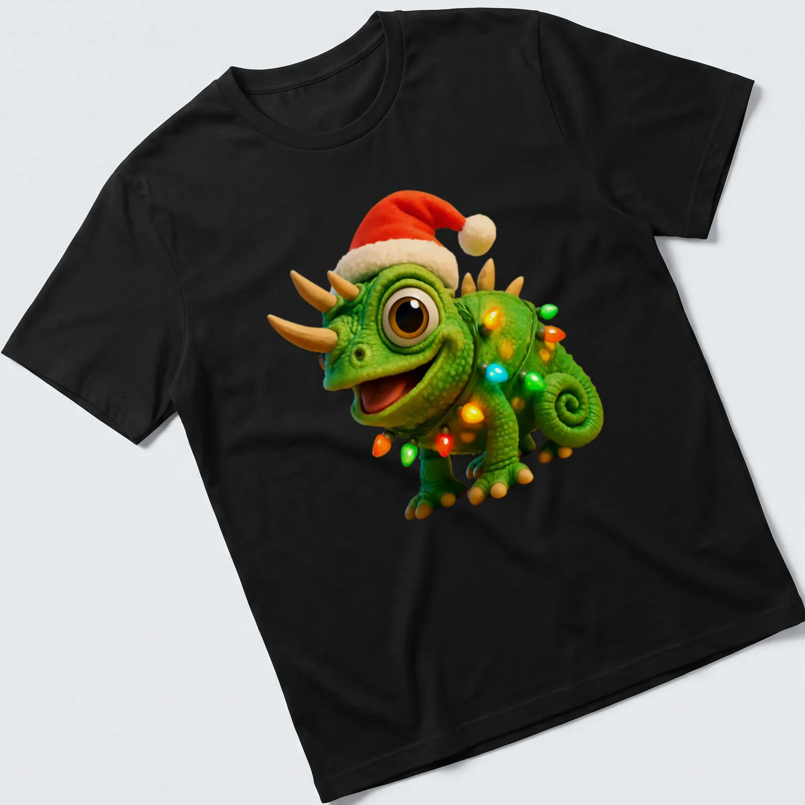 Cartoon Jackson's chameleon surrounded by colorful Christmas lights — printed on a unisex t-shirt