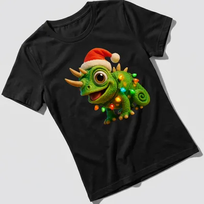 Cartoon Jackson's chameleon surrounded by colorful Christmas lights — printed on a women's shirt