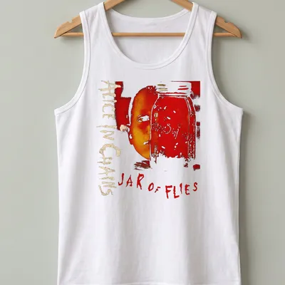 Artistic design of a jar with a face and 'Alice In Chains Jar of Flies' text in red and gold — printed on a tank top