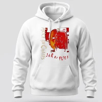 Artistic design of a jar with a face and 'Alice In Chains Jar of Flies' text in red and gold — printed on a unisex hoodie