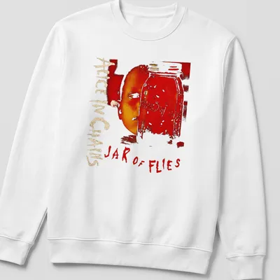 Artistic design of a jar with a face and 'Alice In Chains Jar of Flies' text in red and gold — printed on a unisex sweatshirt