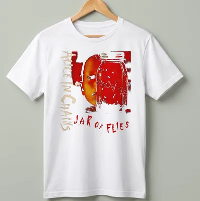 Artistic design of a jar with a face and 'Alice In Chains Jar of Flies' text in red and gold