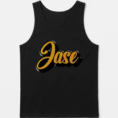 Personalized T-shirt featuring the name Jase in bold gold script on black background. — printed on a tank top