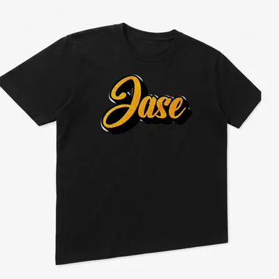 Personalized T-shirt featuring the name Jase in bold gold script on black background. — printed on a unisex t-shirt (angled view)