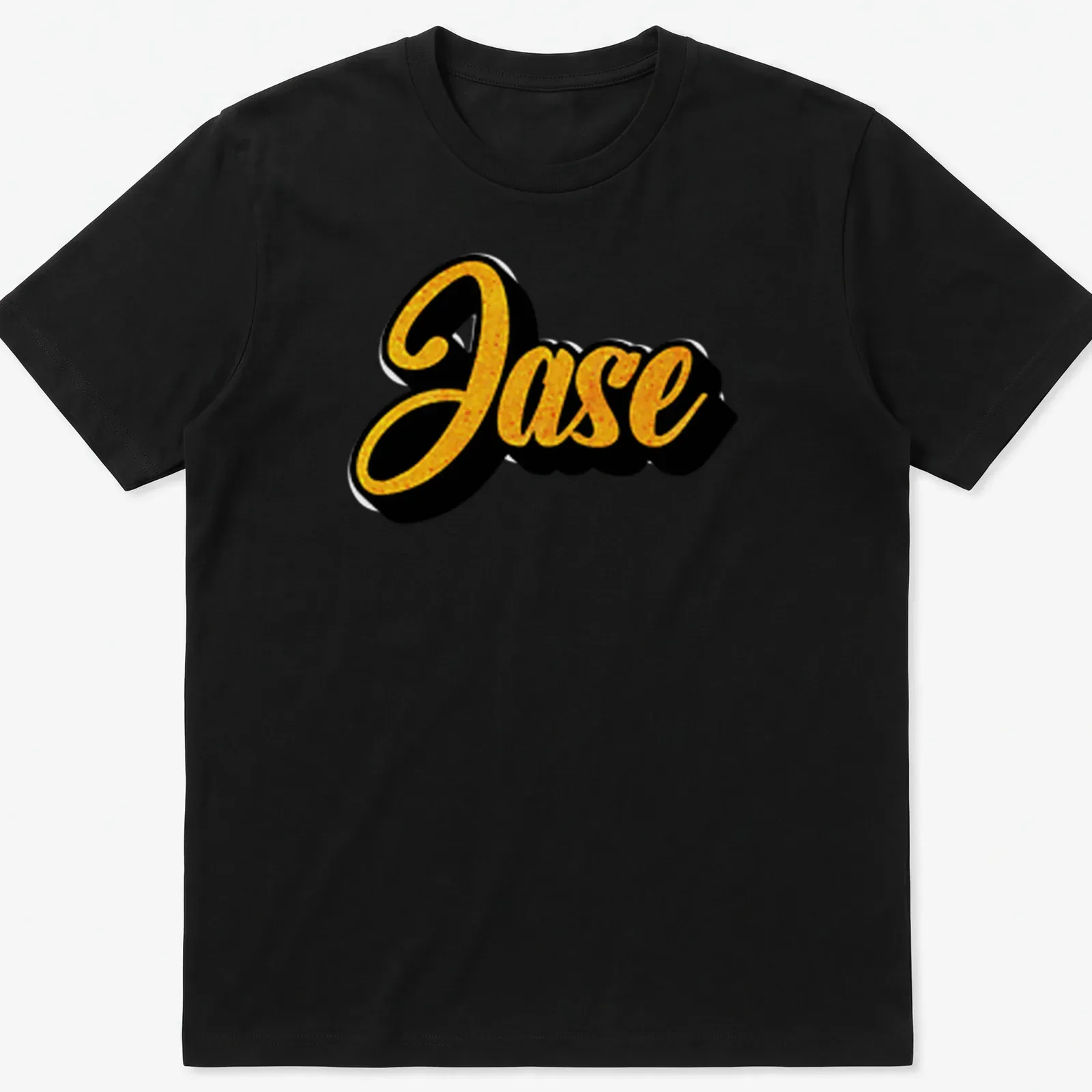 Personalized T-shirt featuring the name Jase in bold gold script on black background. — printed on a unisex t-shirt