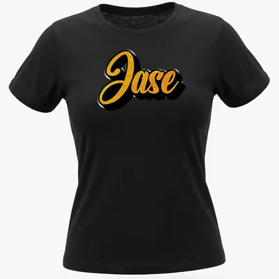 Personalized T-shirt featuring the name Jase in bold gold script on black background. — printed on a women's shirt