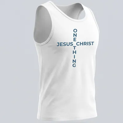 Minimalist Jesus Christ cross T-shirt with blue and white design — printed on a tank top
