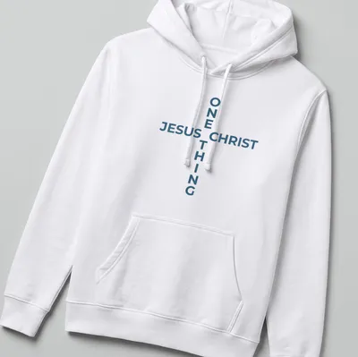 Minimalist Jesus Christ cross T-shirt with blue and white design — printed on a unisex hoodie