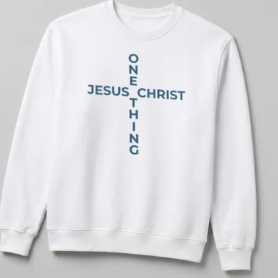 Minimalist Jesus Christ cross T-shirt with blue and white design — printed on a unisex sweatshirt