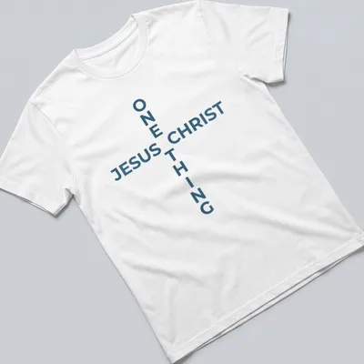 Minimalist Jesus Christ cross T-shirt with blue and white design