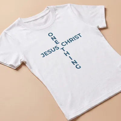 Minimalist Jesus Christ cross T-shirt with blue and white design — printed on a women's shirt