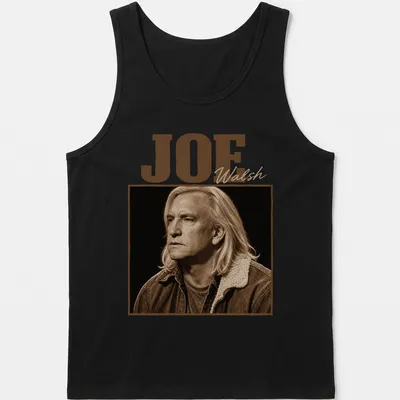 Vintage sepia portrait of Joe Walsh with his name in script — printed on a tank top
