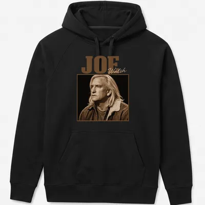 Vintage sepia portrait of Joe Walsh with his name in script — printed on a unisex hoodie