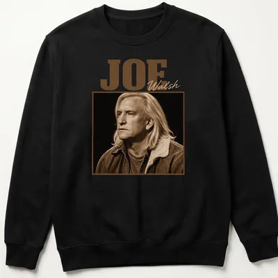 Vintage sepia portrait of Joe Walsh with his name in script — printed on a unisex sweatshirt