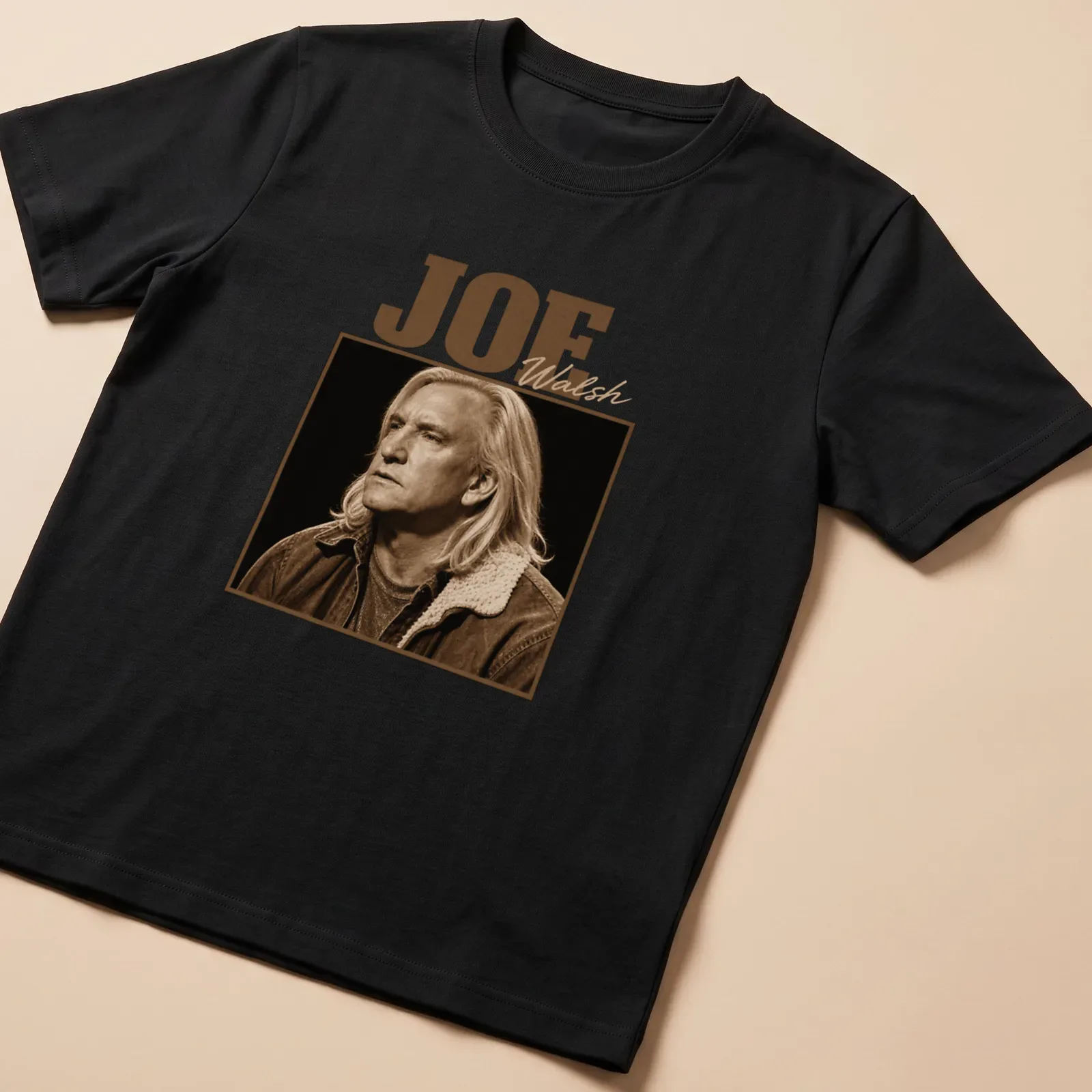 Vintage sepia portrait of Joe Walsh with his name in script — printed on a unisex t-shirt